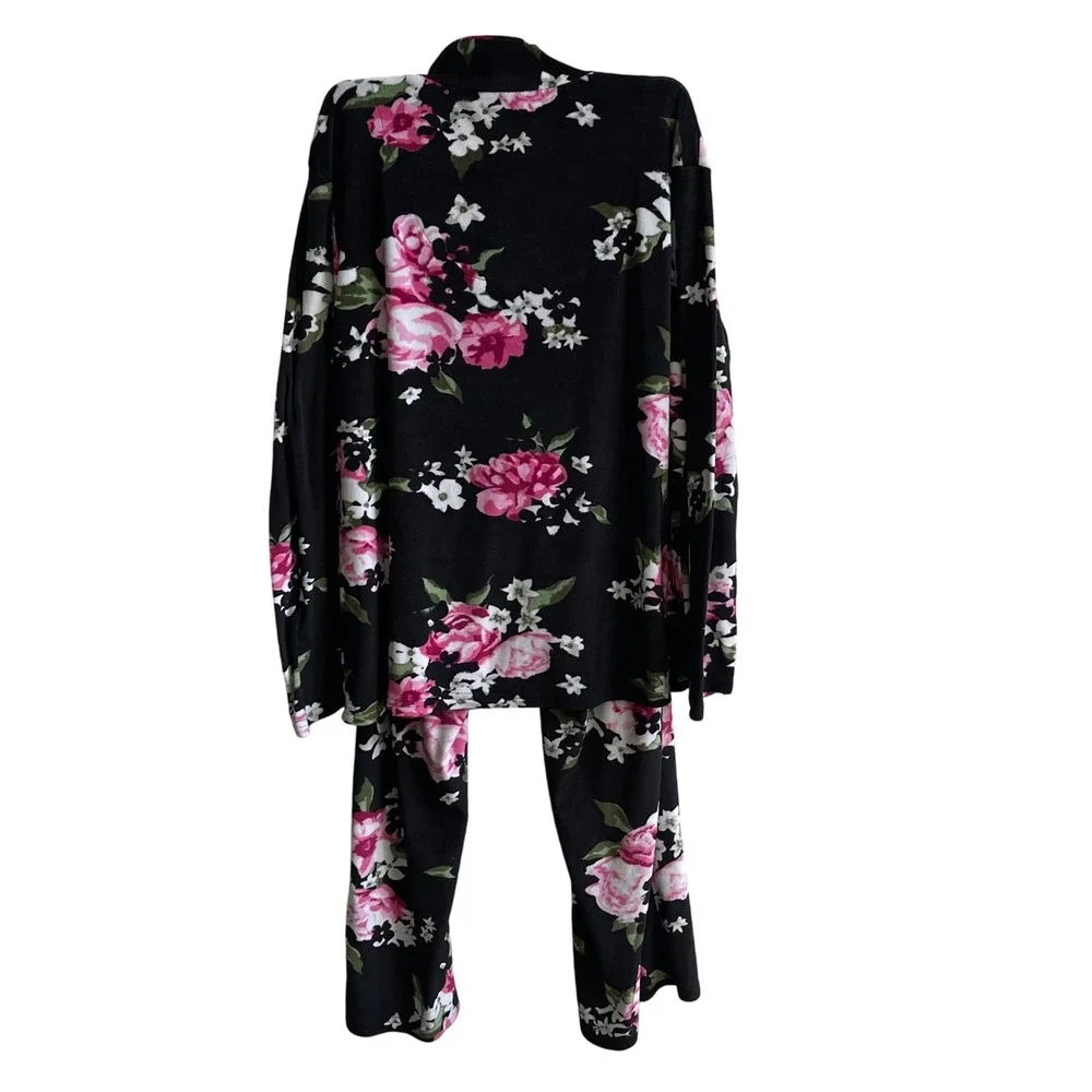 Nicole Miller Pajama Set Womens M Black Pink Floral Fleece Button Down Sleepwear